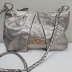 Elliot Luca‎ Leather Purse Shoulder Bag Mini Silver Zipper Close Braided Strap